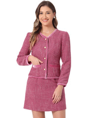 2 Piece Outfits Plaid Tweed Cropped Blazer Jacket & Mini Skirt Suit Set