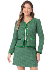 2 Piece Outfits Plaid Tweed Cropped Blazer Jacket & Mini Skirt Suit Set