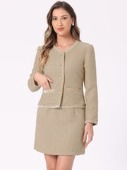 2 Piece Outfits Plaid Tweed Cropped Blazer Jacket & Mini Skirt Suit Set