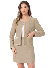 2 Piece Outfits Plaid Tweed Cropped Blazer Jacket & Mini Skirt Suit Set
