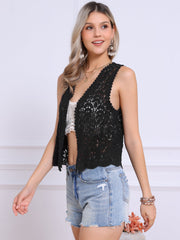 Floral Crochet Hollow Out Sleeveless Open Front Boho Vest Cardigan