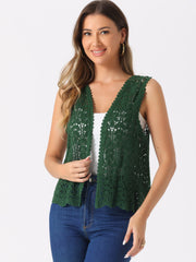 Floral Crochet Hollow Out Sleeveless Open Front Boho Vest Cardigan