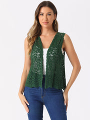 Floral Crochet Hollow Out Sleeveless Open Front Boho Vest Cardigan
