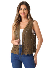Floral Crochet Hollow Out Sleeveless Open Front Boho Vest Cardigan