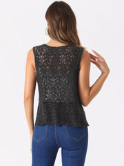 Floral Crochet Hollow Out Sleeveless Open Front Boho Vest Cardigan