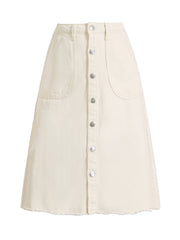 Denim Raw Hem Button Down Midi Jeans Skirt