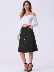 Denim Raw Hem Button Down Midi Jeans Skirt