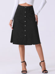 Denim Raw Hem Button Down Midi Jeans Skirt
