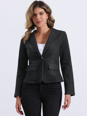 Lapel Collar Long Sleeve One Button Denim Blazer Jean Jacket