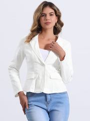 Lapel Collar Long Sleeve One Button Denim Blazer Jean Jacket