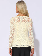 Lace Tops Keyhole Front Peplum Hem Sheer Long Sleeve Blouse