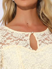 Lace Tops Keyhole Front Peplum Hem Sheer Long Sleeve Blouse