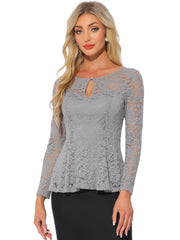 Lace Tops Keyhole Front Peplum Hem Sheer Long Sleeve Blouse