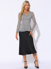 Lace Tops Keyhole Front Peplum Hem Sheer Long Sleeve Blouse
