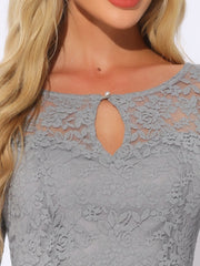 Lace Tops Keyhole Front Peplum Hem Sheer Long Sleeve Blouse