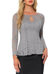 Lace Tops Keyhole Front Peplum Hem Sheer Long Sleeve Blouse