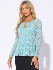 Lace Tops Keyhole Front Peplum Hem Sheer Long Sleeve Blouse