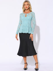Lace Tops Keyhole Front Peplum Hem Sheer Long Sleeve Blouse