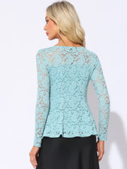 Lace Tops Keyhole Front Peplum Hem Sheer Long Sleeve Blouse