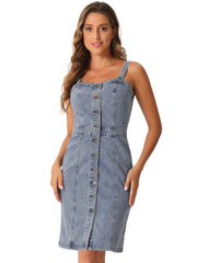 Button Down Denim Sleeveless Sweetheart Neck Jeans Dress