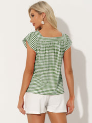 Square Neck Short Sleeves Gingham Plaid Blouse