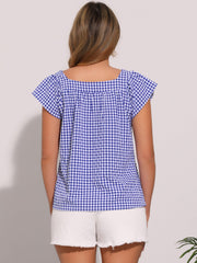 Square Neck Short Sleeves Gingham Plaid Blouse