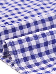 Square Neck Short Sleeves Gingham Plaid Blouse