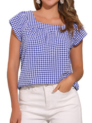 Square Neck Short Sleeves Gingham Plaid Blouse
