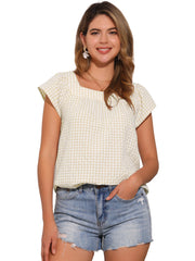 Square Neck Short Sleeves Gingham Plaid Blouse