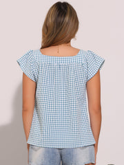 Square Neck Short Sleeves Gingham Plaid Blouse