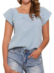 Square Neck Short Sleeves Gingham Plaid Blouse