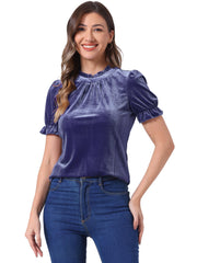 Ruffle Collar Short Cuff Sleeve Velvet Tops Blouse