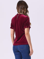 Ruffle Collar Short Cuff Sleeve Velvet Tops Blouse