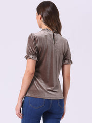 Ruffle Collar Short Cuff Sleeve Velvet Tops Blouse
