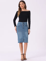 Denim Pencil Button High Waist Split Hem Casual Midi Jean Skirts