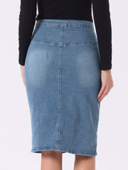 Denim Pencil Button High Waist Split Hem Casual Midi Jean Skirts