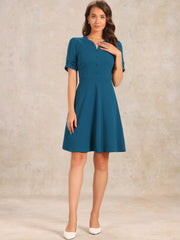 Elegant Short Puff Sleeve V Neck A-Line Zipper Side Office Dress