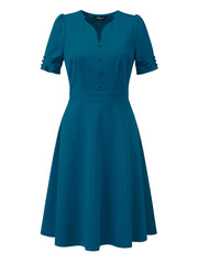 Elegant Short Puff Sleeve V Neck A-Line Zipper Side Office Dress