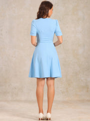 Elegant Short Puff Sleeve V Neck A-Line Zipper Side Office Dress