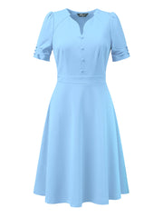Elegant Short Puff Sleeve V Neck A-Line Zipper Side Office Dress