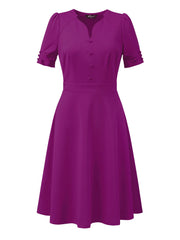 Elegant Short Puff Sleeve V Neck A-Line Zipper Side Office Dress