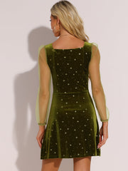 Sheer Puff Sleeve Square Neck Glitter Metallic Star Velvet Mini Dress