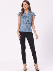 Summer Polka Dots Top Bow Tie V Neck Ruffled Cap Sleeve Office Blouse