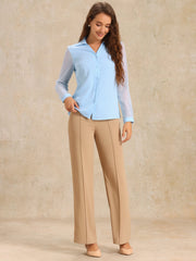 V Neck Point Collar Mesh Sleeve Button Down Work Office Shirt