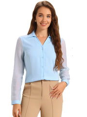 V Neck Point Collar Mesh Sleeve Button Down Work Office Shirt