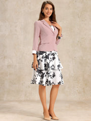 Work flower Print Contrast Panel 2pc Sets Chiffon V Neck Jacket Dress