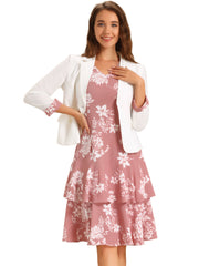 Work flower Print Contrast Panel 2pc Sets Chiffon V Neck Jacket Dress