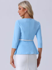 3/4 Sleeve Belted Peplum Elegant Business Work Blouse