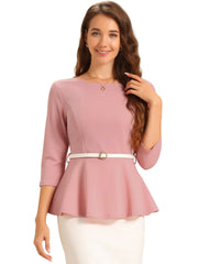 3/4 Sleeve Belted Peplum Elegant Business Work Blouse