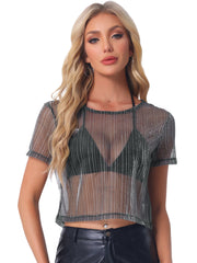 Mesh Short Sleeve Mesh Metallic Party See Through Crop Shirt